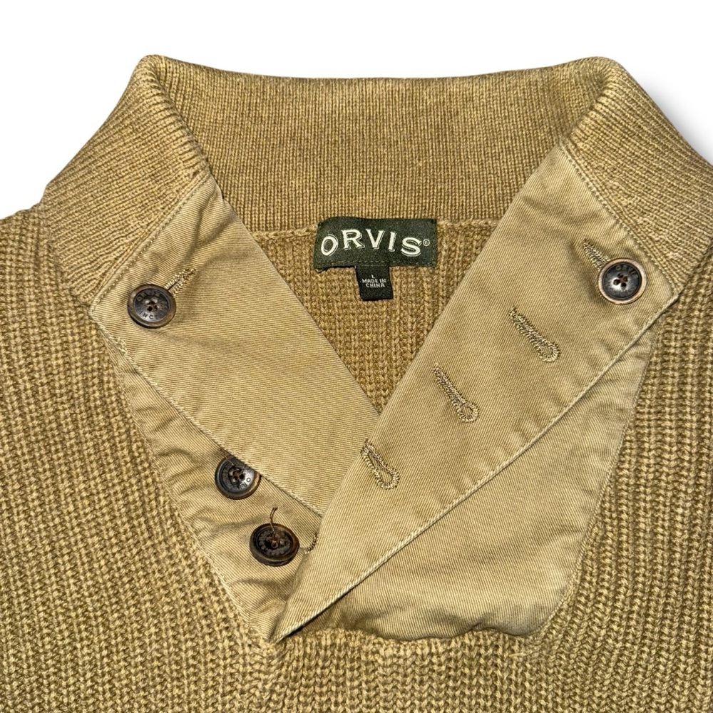 Orvis Mens Sweater Khaki Large Military WWII Mechanic Commando Elbow Patches - Picture 3 of 6